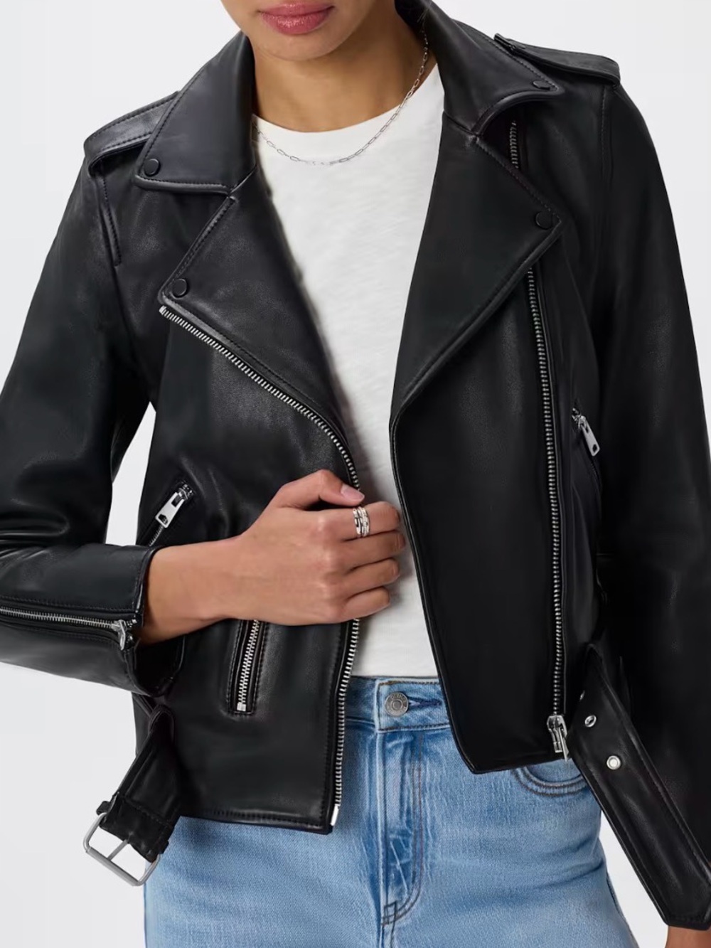 Quince Black 100% Leather Biker Jacket with Silver Hardware